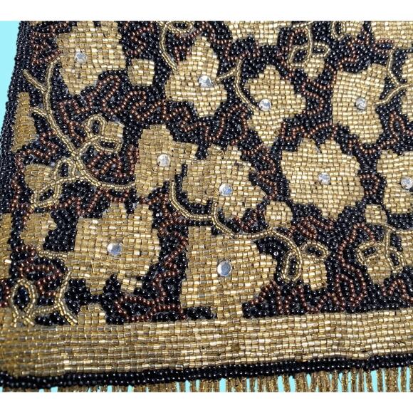 Beaded Evening Black Bag Gold Flowers & Fringe Rhinestones By Accessories Lady - Picture 6 of 8